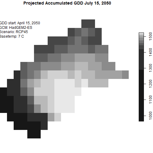 Map of Projected Accumulated GDD for Merced County for July 15, 2050