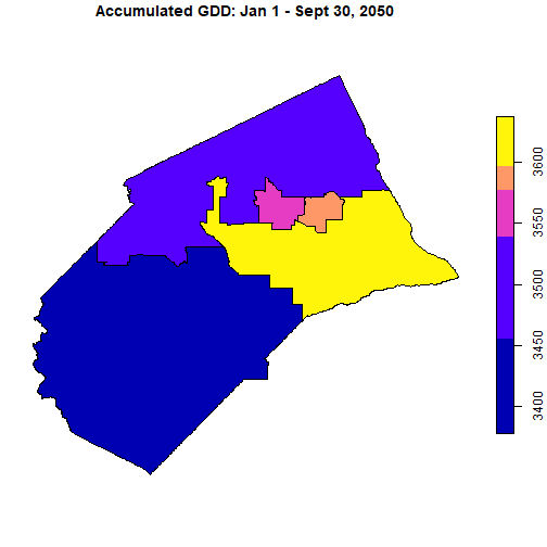 Map of accumulated GDD per Supervisor district as of Sept 30, 2050