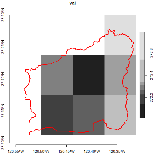 Map of Black Rascal Creek and LOCA Grid cells showing minimum air temperature