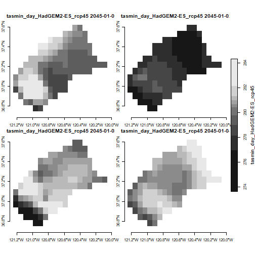 Map of the minimum air temperature for the first 4 dates in the stars object.