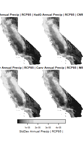 Map of CA Showing Standard Deviation of Modelled Annual Precip